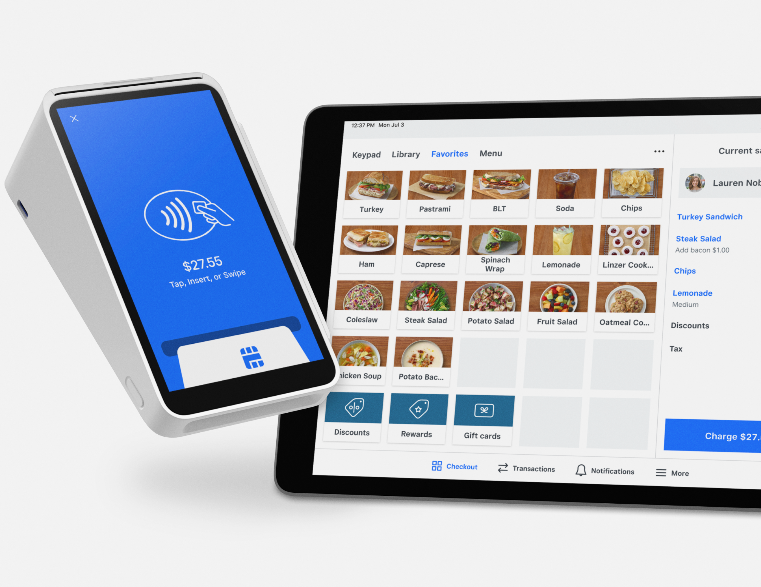 Square Terminal payment device shown next to a [content00inject]5[content00inject] Point of Sale screen on an iPad.